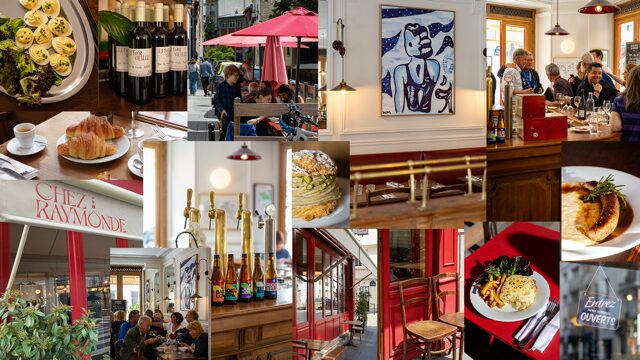 Mosaïque de photos du restaurant Chez Raymonde : plats, salle, terrasse et devanture.